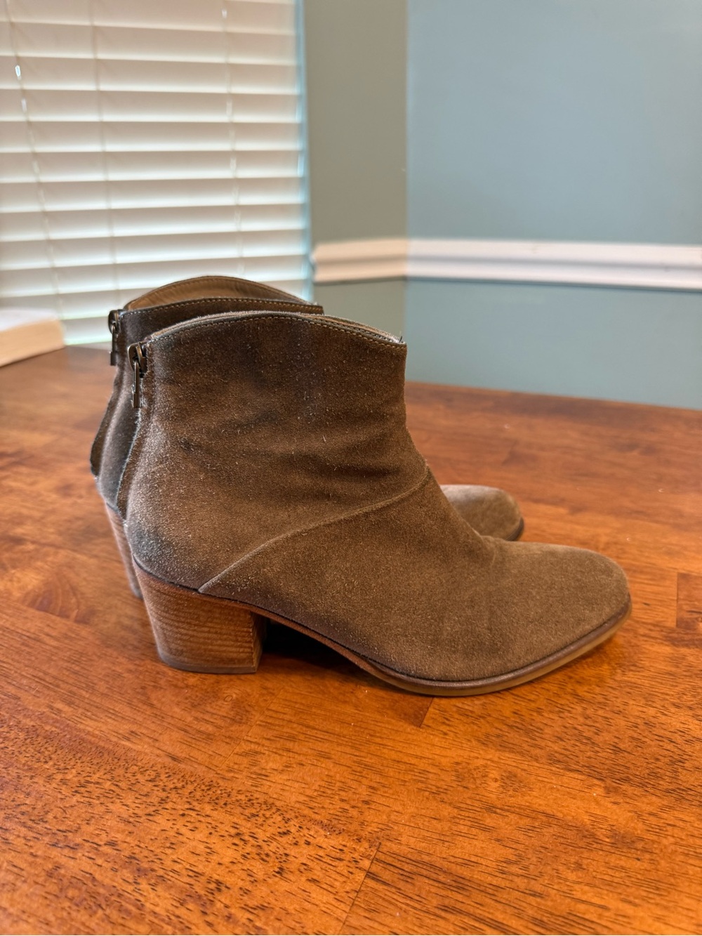 Italeau Daniela Taupe Suede Waterproof Ankle Booties Back Zip Block Heel Women's